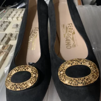 Salvatore Ferragamo Suede Pump with gold-tone oval buckle