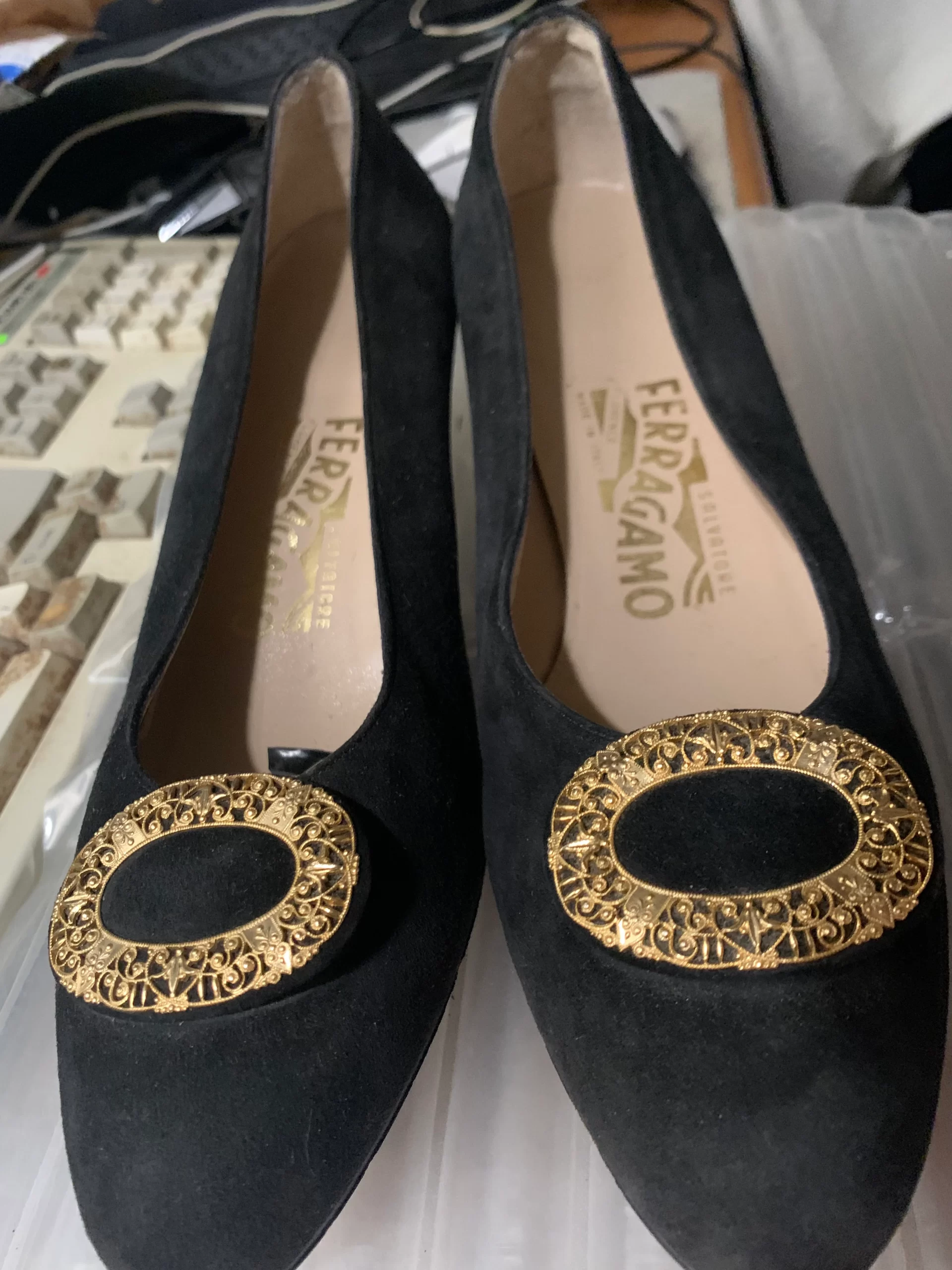 Salvatore Ferragamo Suede Pump with gold-tone oval buckle